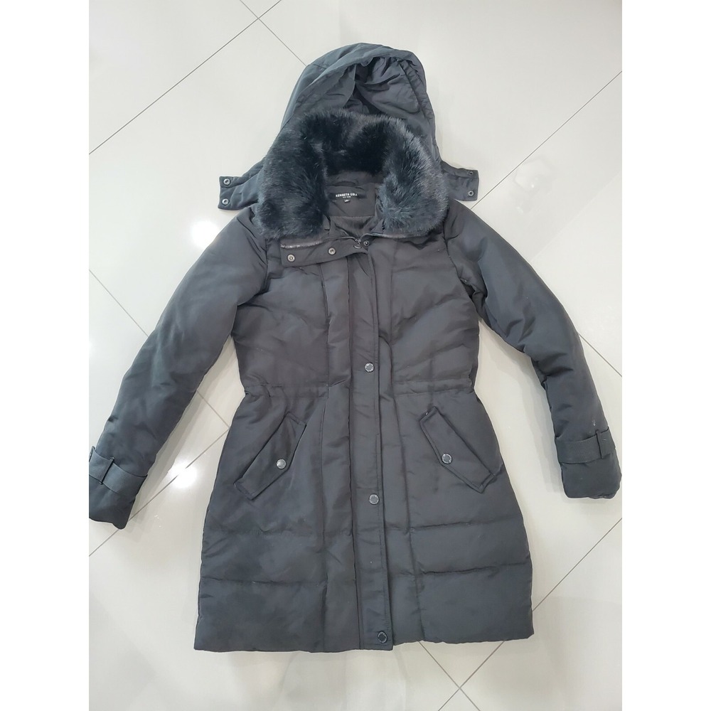 Kenneth Cole Size S Faux-Fur-Trim Hooded Duck Down Puffer Coat Black Jacket Warm